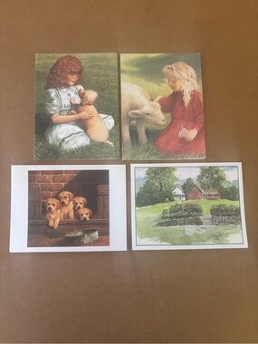 Set of 4 Vintage Illustration Greeting Cards - Girls, Puppies & Country Scene